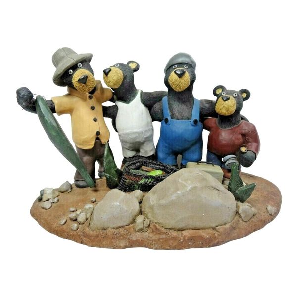 4 Bear Buddies Group Catch Fishing Stoneware Figurine Fish Basket Fisherman - Picture 1 of 4